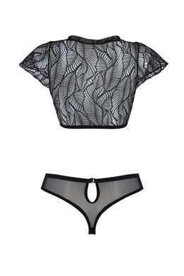 Комплект Passion LEAFA BIKINI black S/M, бюстгальтер-топ з рукавчиками, стрінги-шортики з вирізом SX0498 фото