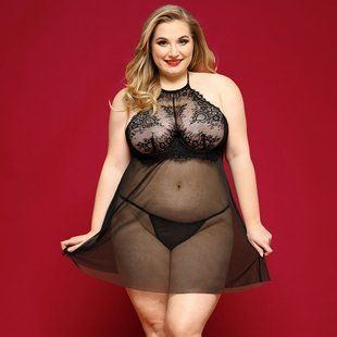 Сорочка бебі-дол JSY &laquo;Пристрасна Ліліт&raquo; Plus Size, Black, халтер, дрібна сітка, мереживо, стрінги SO8385 фото