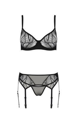 Комплект Passion LEAFA SET black, XXL/XXXL, мереживо+сітка, бюстгальтер на кісточках, стрінги, пояс для панчіх SX0511 фото