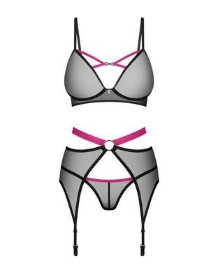 Комплект Obsessive Novenes 3-pcs set, XS/S, прозорий ліф на кісточках, стрінги, пояс SX0616 фото