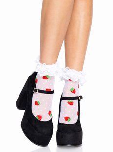 Шкарпетки жіночі з полуничним принтом Leg Avenue Strawberry ruffle top anklets One size, мереживні м SO8583 фото